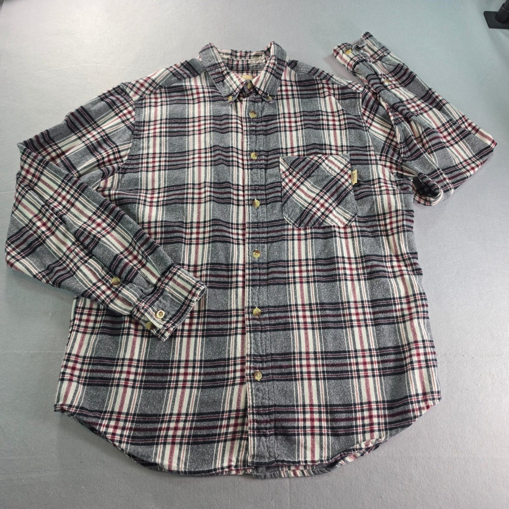 Woolrich Mens Large Gray Red Plaid Flannel Button Down Shirt Long Sleeve L